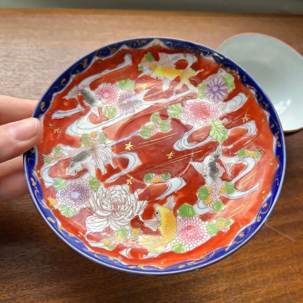 VTG Japanese Koi Fish Teacup & Saucer Set Red Floral Cobalt Rim Porcelain